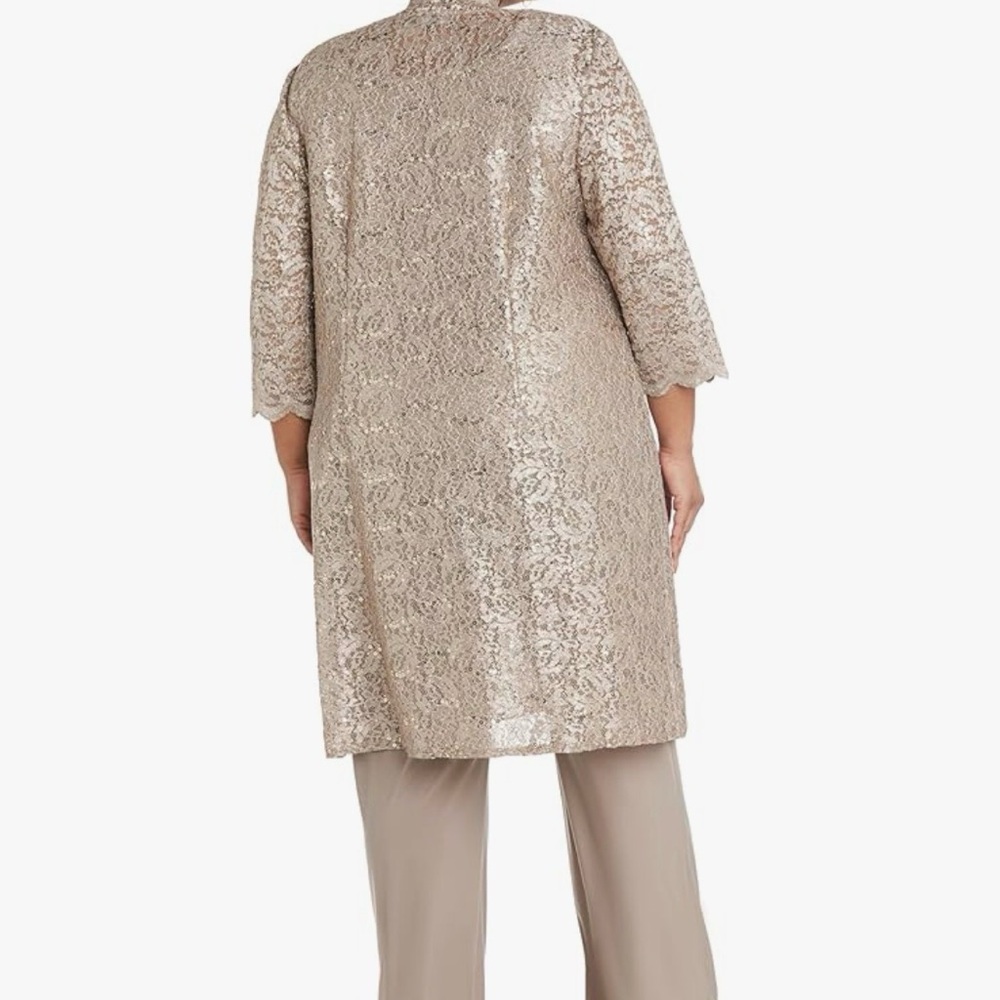 Sequined Lace Duster 3 Piece Formal Pants Suit in Mauve Taupe by R&M Richards - Picture 5 of 9